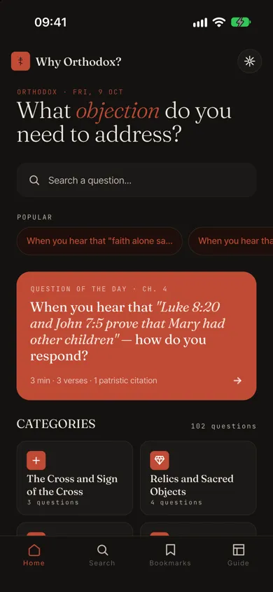 Home screen with the daily question and the categories, Orthodox theme