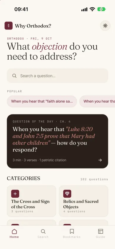 Home screen with the daily question and the categories, Orthodox theme