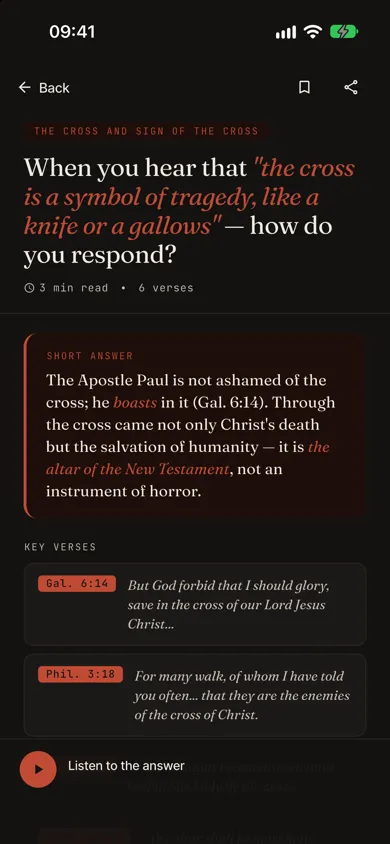 An answer screen from the app, with the short answer and Bible verses