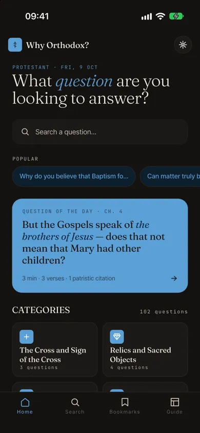 Home screen with the daily question and the categories, Protestant theme