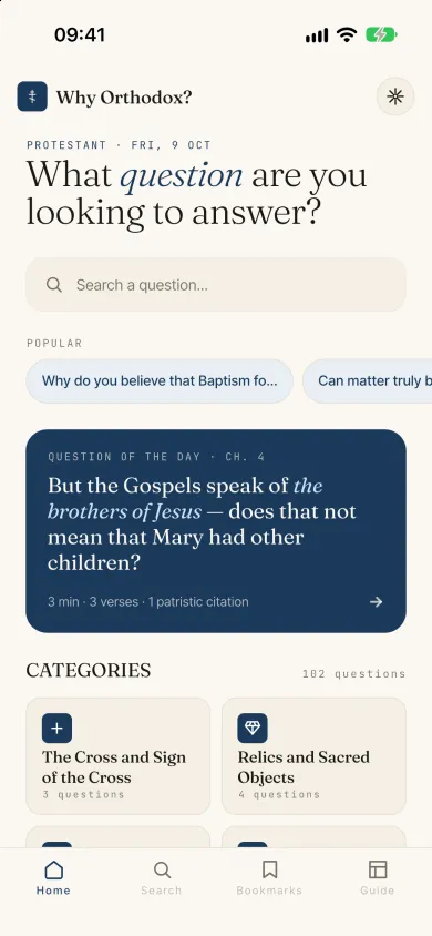 Home screen with the daily question and the categories, Protestant theme