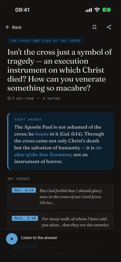 An answer screen from the app, with the short answer and Bible verses