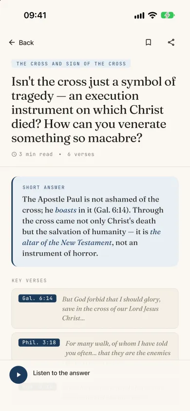 An answer screen from the app, with the short answer and Bible verses