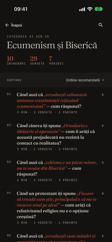 O categorie cu lista întrebărilor ei, tema ortodoxă