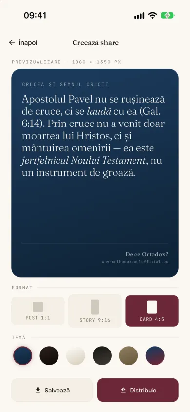 Cardul de distribuit generat pentru un răspuns, tema ortodoxă