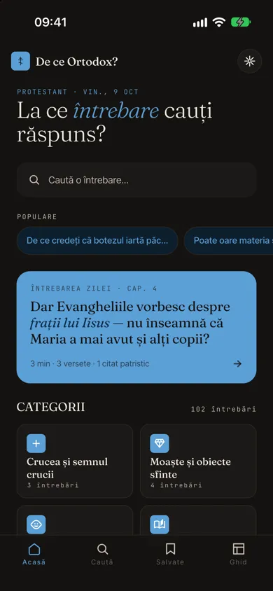 Ecranul de pornire cu întrebarea zilei și categoriile, tema protestantă