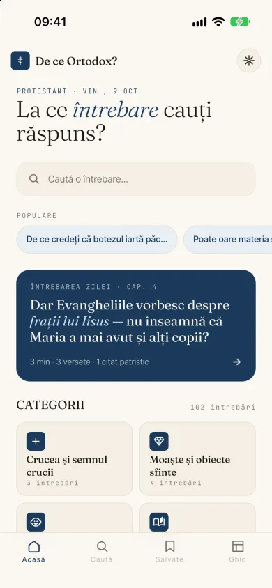 Ecranul de pornire cu întrebarea zilei și categoriile, tema protestantă
