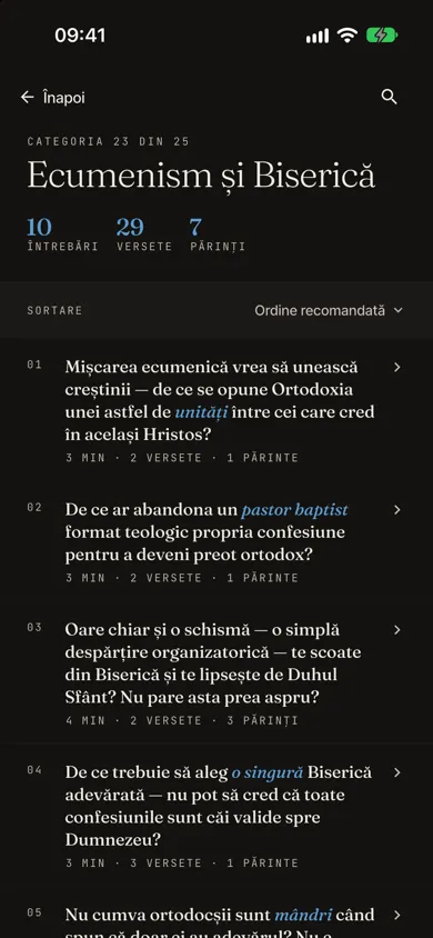 O categorie cu lista întrebărilor ei, tema protestantă