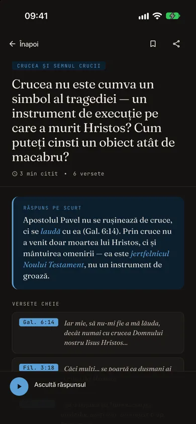 Ecranul unui răspuns din aplicație, cu răspunsul scurt și versetele biblice